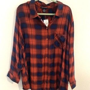 Ashley Stewart Shirt Women’s 24 Red Blue Plaid Button Up Long Sleeve New